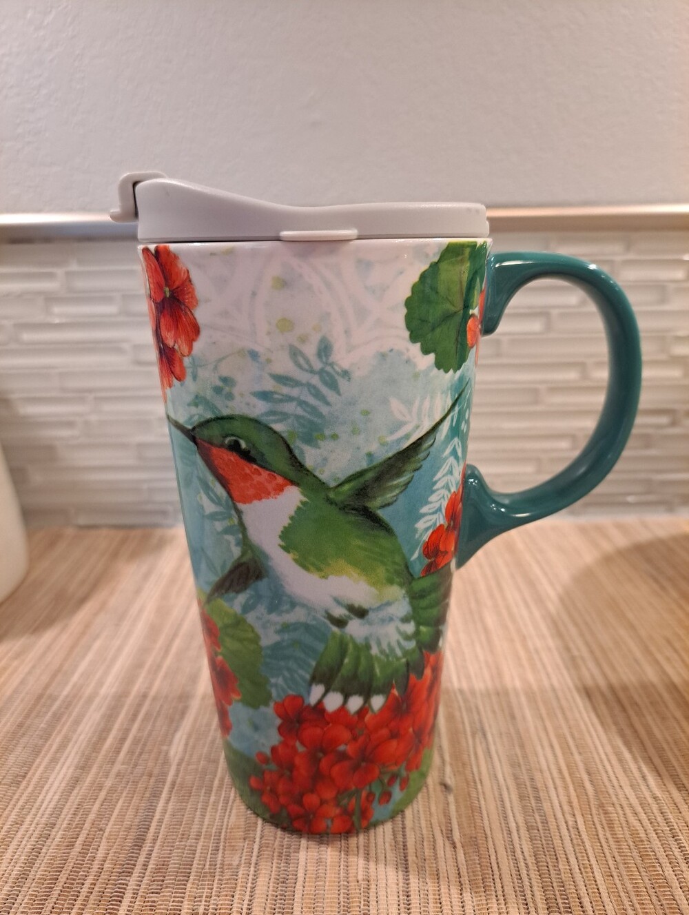 Cypress Home Ceramic Travel Cup, 17 OZ. Garden Hummingbird